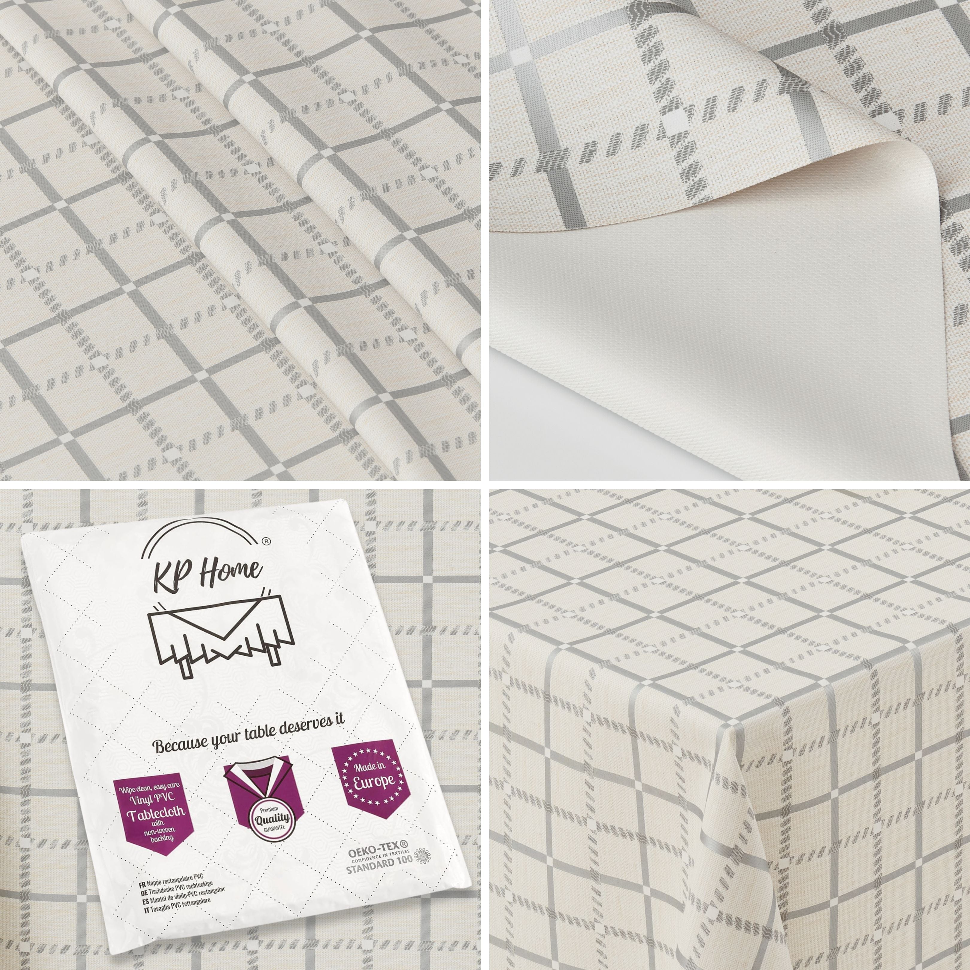 Beige PVC Tablecloth – Waterproof Wipeable Plastic Table Cover with Linen Effect – Soft Touch Oilcloth in Grey Checkered Grid Design