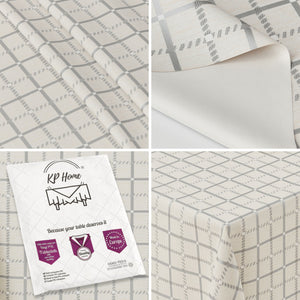 Beige PVC Tablecloth – Waterproof Wipeable Plastic Table Cover with Linen Effect – Soft Touch Oilcloth in Grey Checkered Grid Design