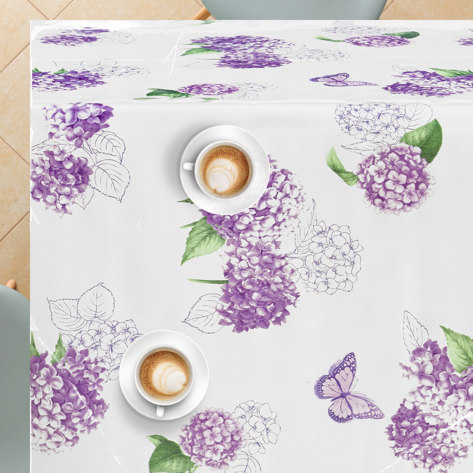 White Table Cloth Wipe Clean White Oilcloth Tablecloth Romantic Large Flowers Print Rectangle Table Cloth Wipeable Purple Hydrangea Pattern Waterproof Plastic Table Cover