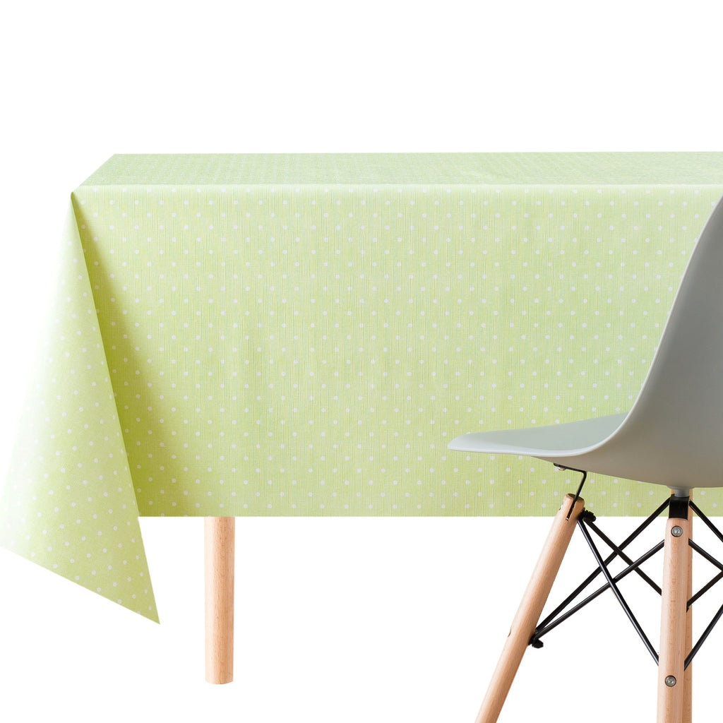 Tablecloth with Spotted White Polka Dot pattern On Lime Green PVC Wipe Clean Oilcloth - 200x140cm - Plain Dotty Design On Thick Rectangular Wipeable Vinyl Plastic Table Cloth