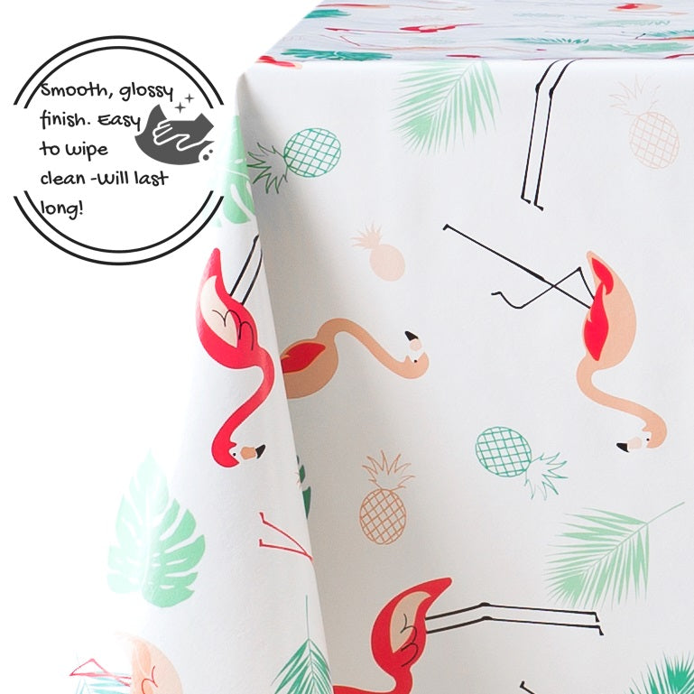 Tablecloth with Tropical Palm's Leaves And Flamingos Design PVC Oilcloth easy to Wipe Clean 200x140cm - Fresh Tropicana Colours Thick durable Rectangular Wipeable Vinyl Plastic Table Cloth