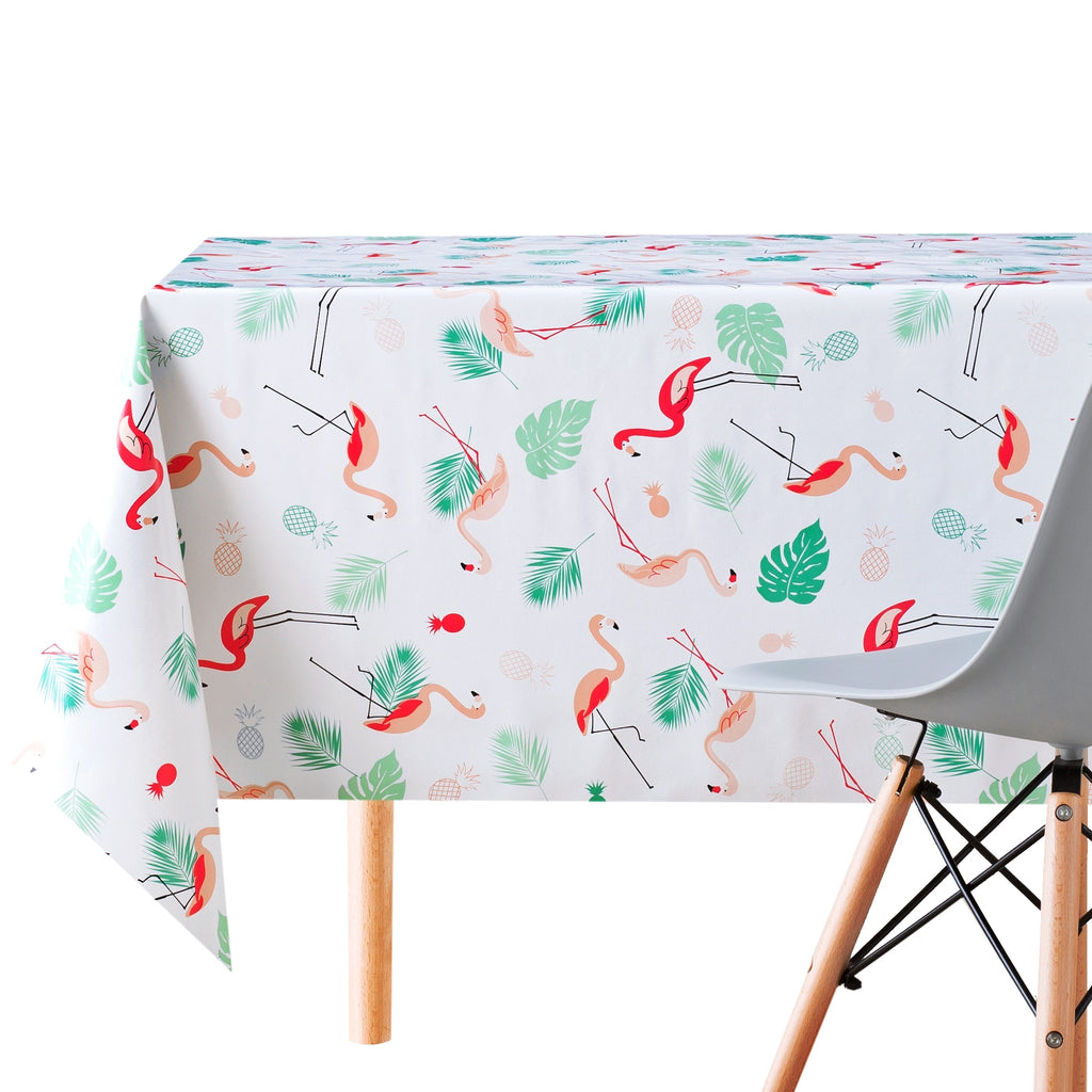 Tablecloth with Tropical Palm's Leaves And Flamingos Design PVC Oilcloth easy to Wipe Clean 200x140cm - Fresh Tropicana Colours Thick durable Rectangular Wipeable Vinyl Plastic Table Cloth