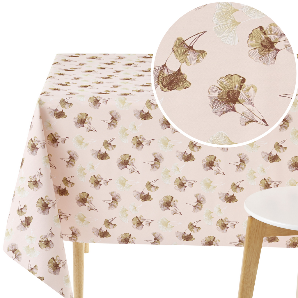 PVC Table Cloth Wipe Clean Tablecloth Oilcloth Ginkgo Leaf Pattern Plastic Table Cover in Dusty Pink - Rectangle 200 x 140 cm - 6 Seat Table Cloth 78x55 in Waterproof Thick Vinyl Table Cloth Wipeable
