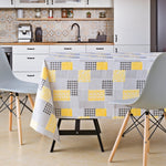 Vinyl Tablecloth with Patchwork Design Grey With Yellow PVC Wipe Clean Oilcloth - 200x140cm Durable Rectangular Wipeable Plastic Table Cloth