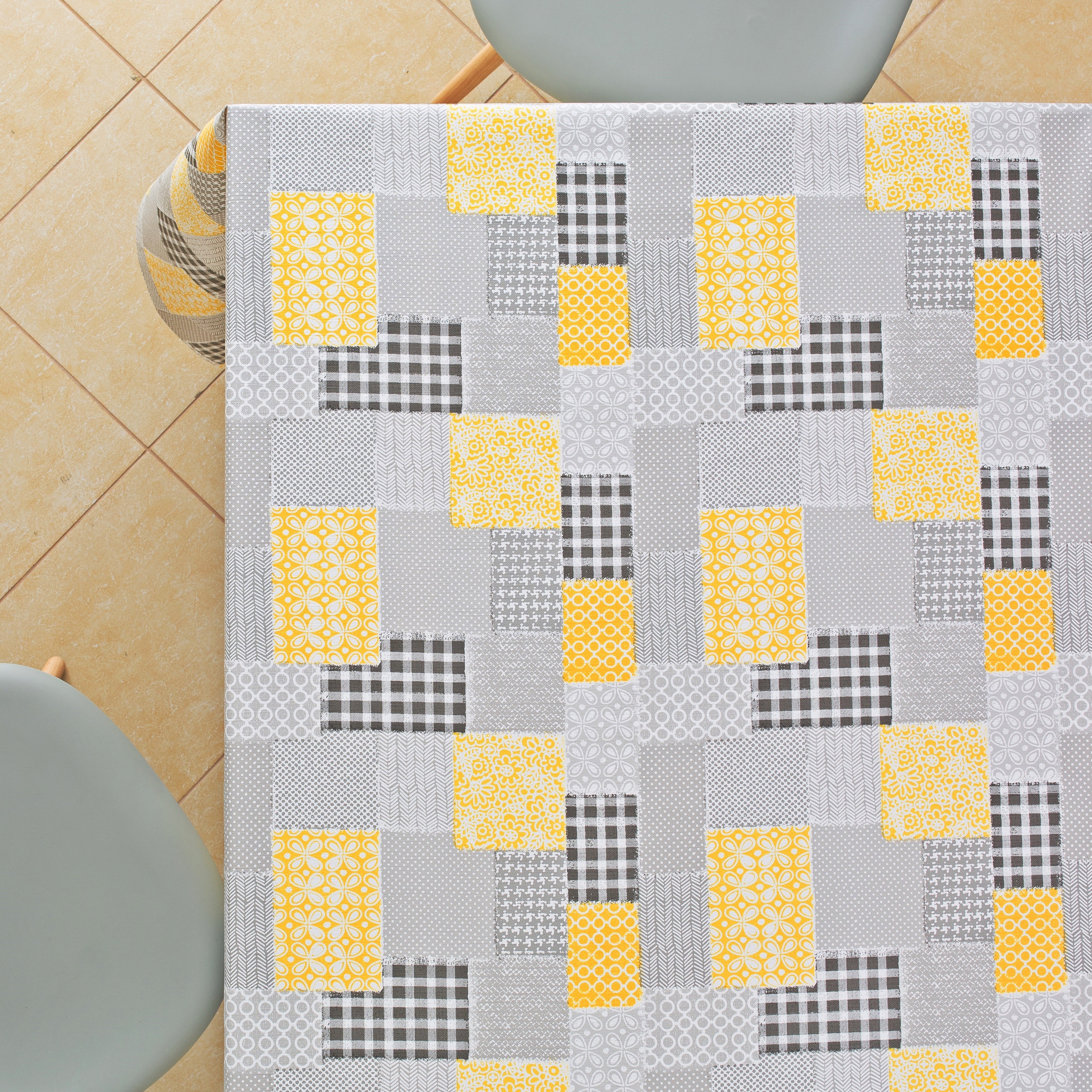 Vinyl Tablecloth with Patchwork Design Grey With Yellow PVC Wipe Clean Oilcloth - 200x140cm Durable Rectangular Wipeable Plastic Table Cloth