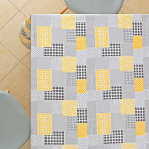 Vinyl Tablecloth with Patchwork Design Grey With Yellow PVC Wipe Clean Oilcloth - 200x140cm Durable Rectangular Wipeable Plastic Table Cloth