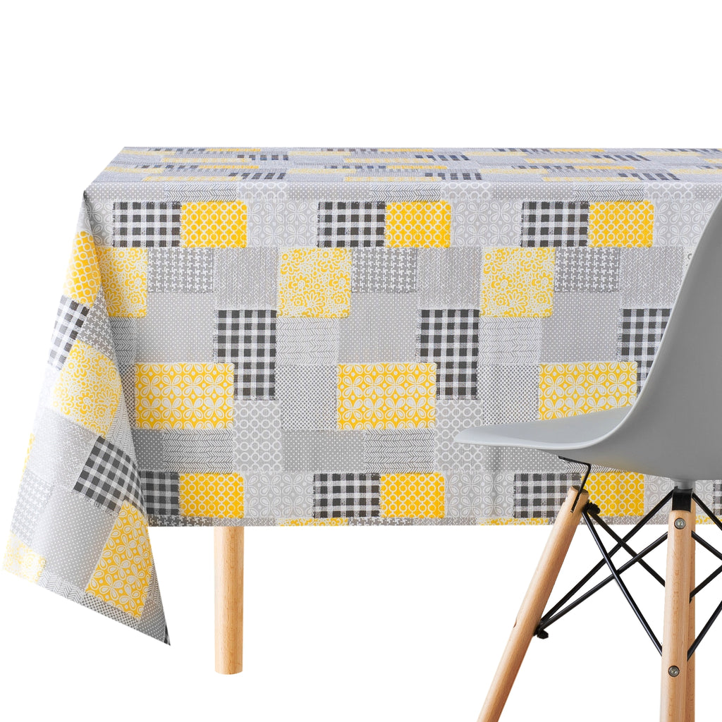 Vinyl Tablecloth with Patchwork Design Grey With Yellow PVC Wipe Clean Oilcloth - 200x140cm Durable Rectangular Wipeable Plastic Table Cloth