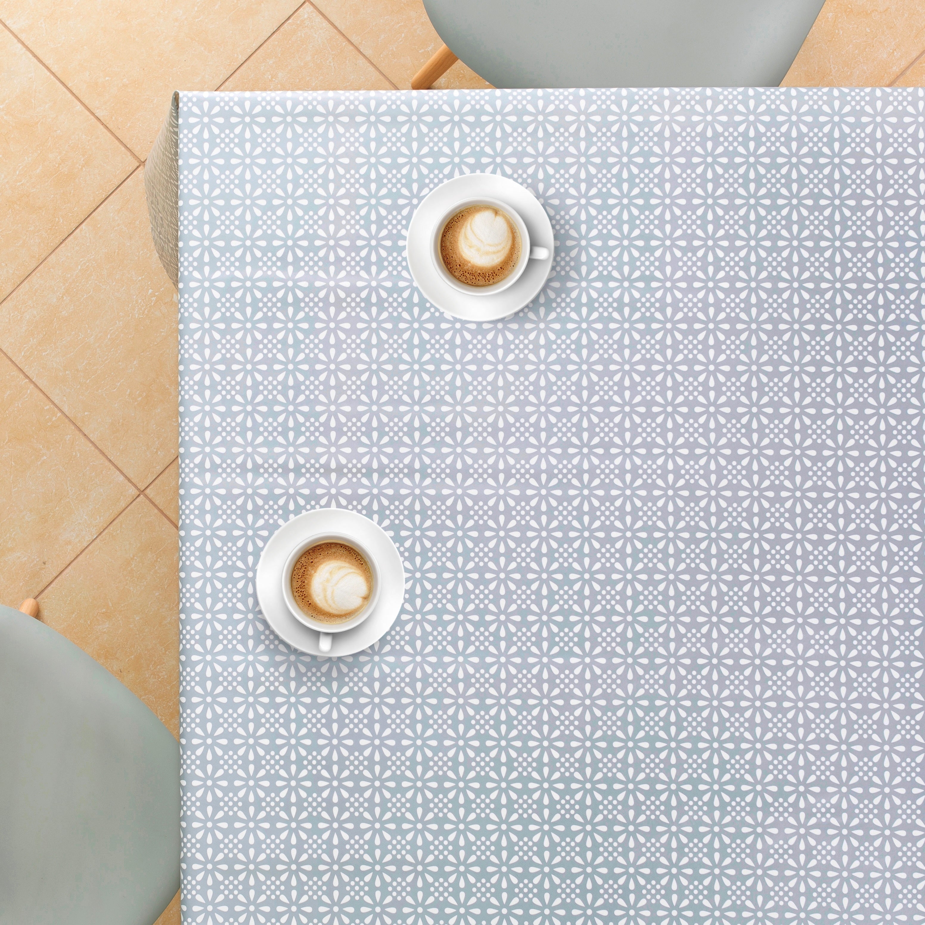 Grey Floral Tablecloth with White Stylish Retro Pattern - Rectangular Table Cover Waterproof Wipe Clean Vinyl PVC Protector