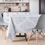 Grey Tablecloth in Silver Baroque Damask Pattern PVC Wipe Clean Oilcloth 200 x 140 cm - Oriental Design Embossed Thick Rectangular Wipeable Vinyl Plastic Table Cloth