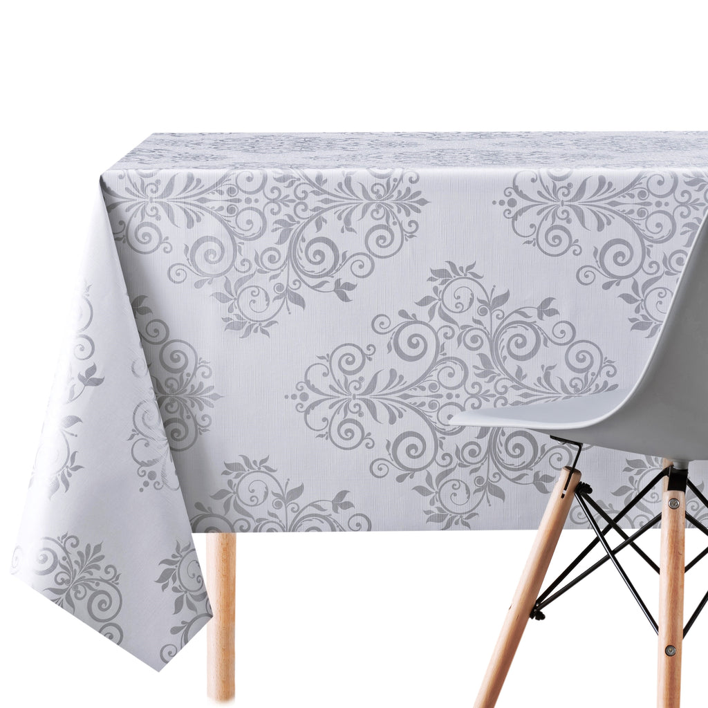 Grey Tablecloth in Silver Baroque Damask Pattern PVC Wipe Clean Oilcloth 200 x 140 cm - Oriental Design Embossed Thick Rectangular Wipeable Vinyl Plastic Table Cloth