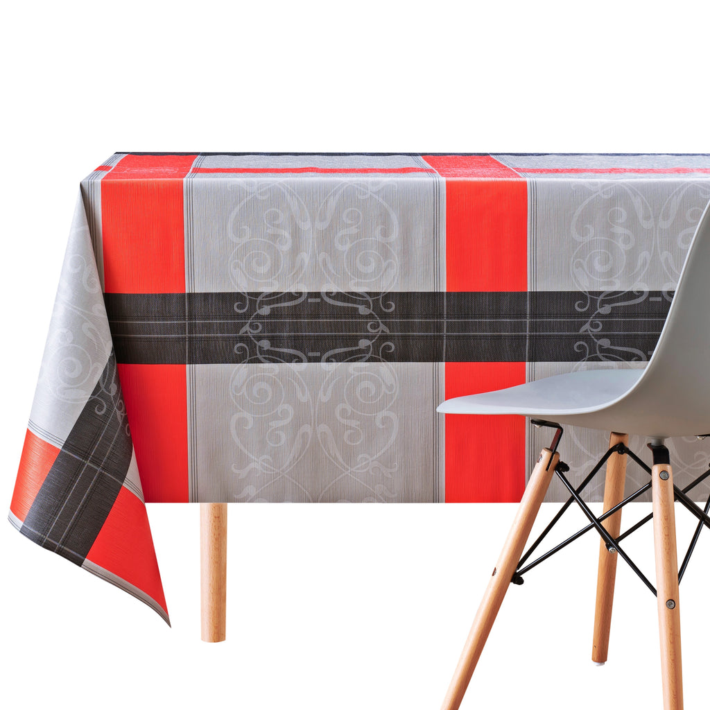 Premium Tartan Elegant Pattern Tablecloth Wipe Clean Vinyl PVC in modern Checker Red Grey Black Rectangular Size 200cm x 140cm - Practical, High Quality, Easy Clean Oilcloth