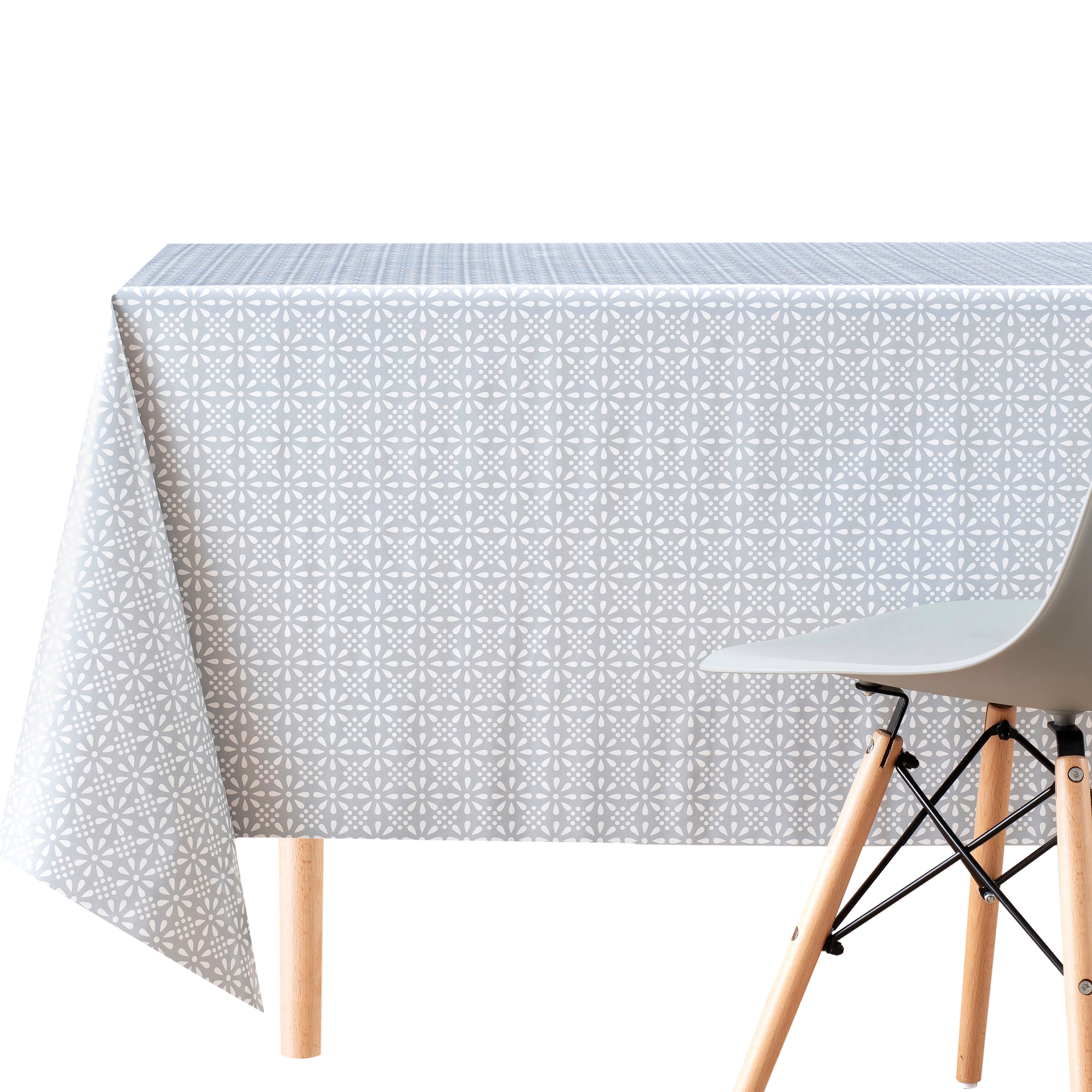 Grey Floral Tablecloth with White Stylish Retro Pattern - Rectangular Table Cover Waterproof Wipe Clean Vinyl PVC Protector
