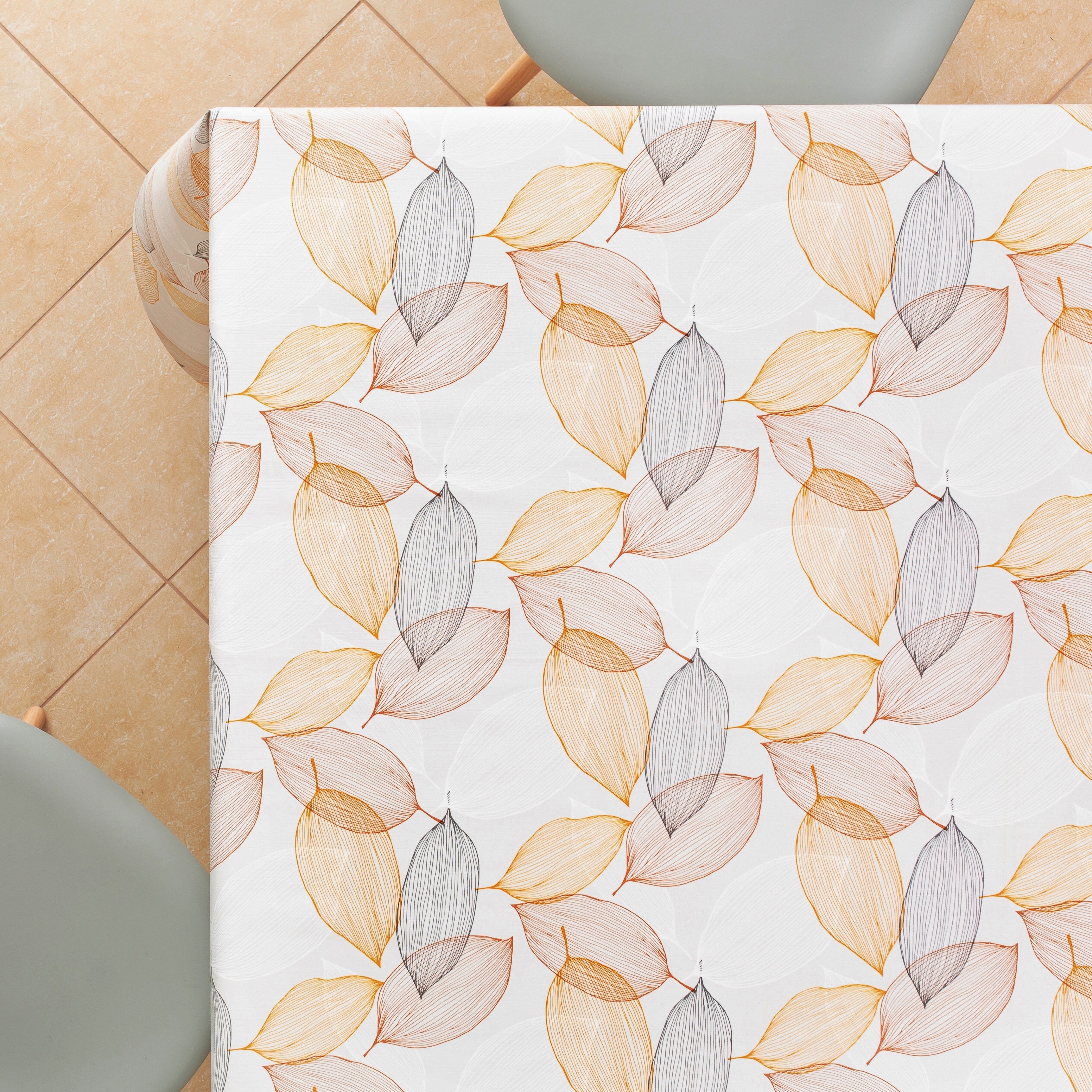 Cream Pumpkin Orange Brown Leaves On White PVC Tablecloth Leafs Embossed Design Wipe Clean Vinyl Rectangular Wipeable Oilcloth