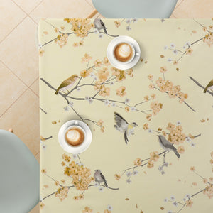 Wipe Clean Tablecloth with Birds Cherry Flowers - Rectangle - Waterproof Vinyl PVC Wax Oil Wipeable Smooth Plastic Beige Table Cloths - for Dining Room and Garden Table