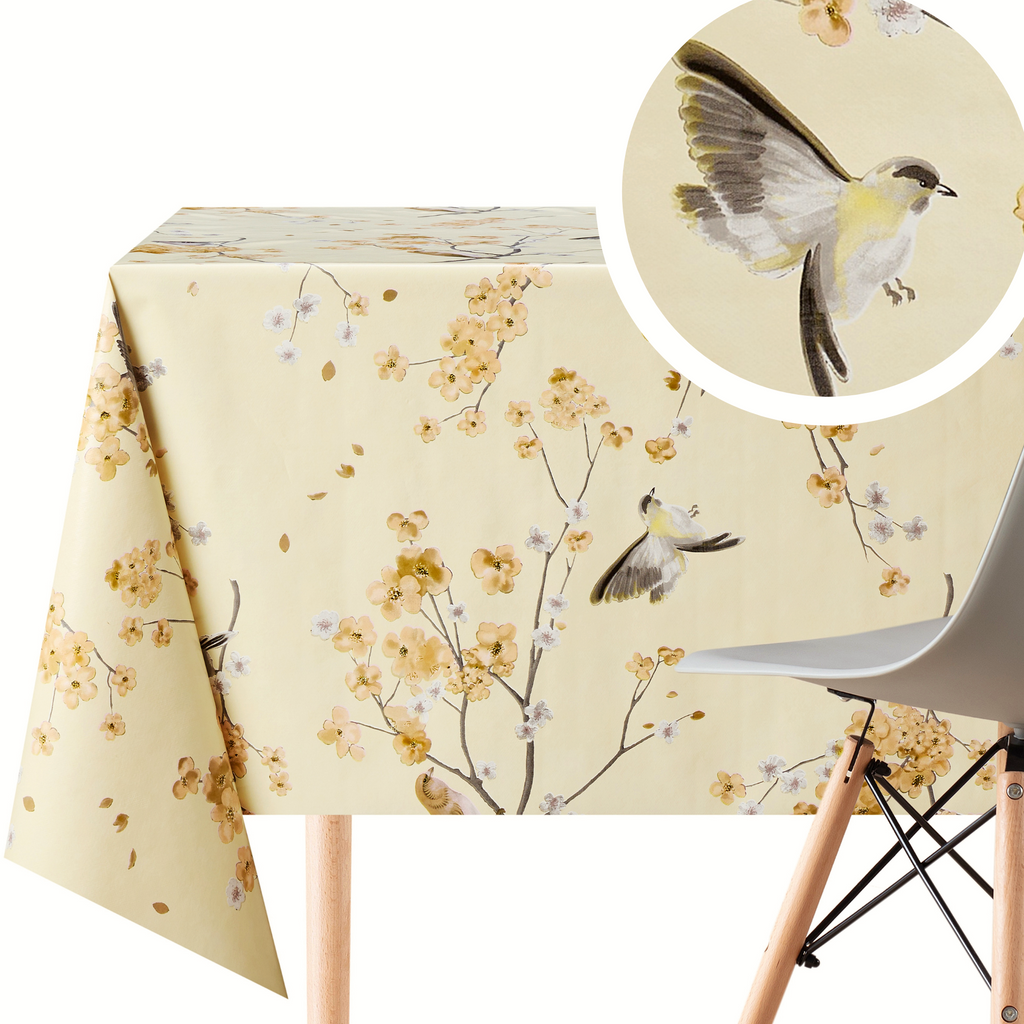 Wipe Clean Tablecloth with Birds Cherry Flowers - Rectangle - Waterproof Vinyl PVC Wax Oil Wipeable Smooth Plastic Beige Table Cloths - for Dining Room and Garden Table