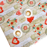 KP Home Festive Merry Christmas PVC Table Cloth Wipe Clean Tablecloth Oilcloth Cream with Red Xmas Winter Ornaments Snowflakes 200x140 78x55in Wood Effect Table Cover Waterproof Reusable 2m