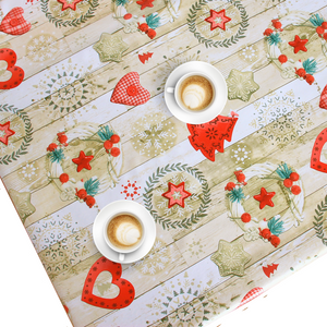 KP Home Festive Merry Christmas PVC Table Cloth Wipe Clean Tablecloth Oilcloth Cream with Red Xmas Winter Ornaments Snowflakes 200x140 78x55in Wood Effect Table Cover Waterproof Reusable 2m