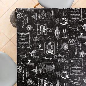 Durable Vinyl PVC Tablecloth In Black With White Chalk Print For 4-6 Place Settings - Premium Quality Rectangle Oilcloth Coffee Shop Design