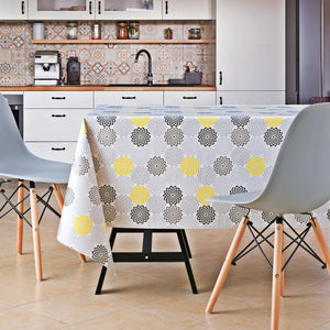 Floral Concentric Circles Style Grey With Yellow PVC Wipe Clean Oilcloth Tablecloth - Modern Flower Design Thick Rectangular Wipeable Vinyl Plastic Table Cloth