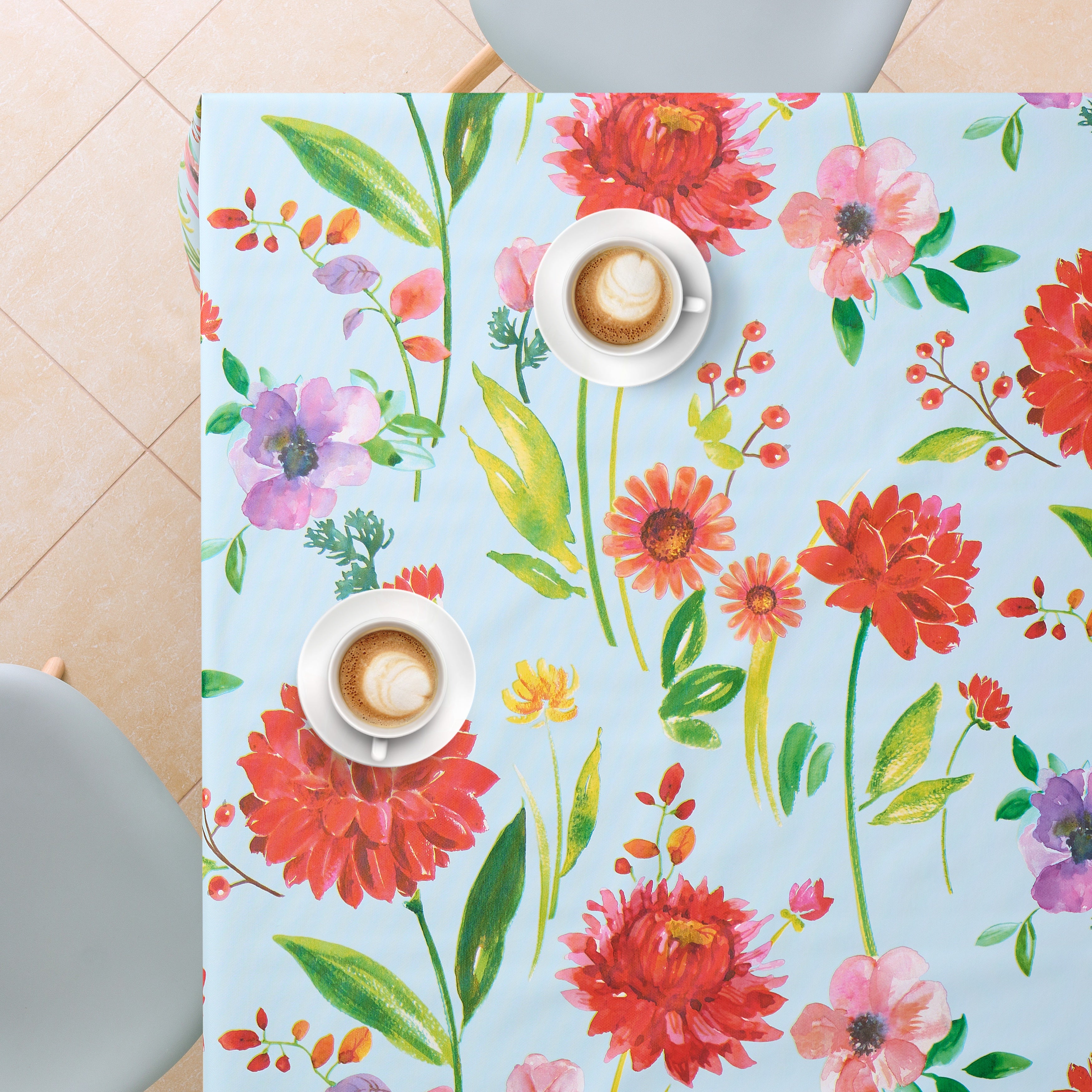 Flowers Blossom Wipe Clean Tablecloth - Textil Look - Rectangular Waterproof Vinyl PVC Wipeable Plastic Beige Table Cloth - for Garden and Kitchen - Red Pink Pastel Floral Meadow in Crean and Blue