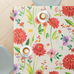 Flowers Blossom Wipe Clean Tablecloth - Textil Look - Rectangular Waterproof Vinyl PVC Wipeable Plastic Beige Table Cloth - for Garden and Kitchen - Red Pink Pastel Floral Meadow in Crean and Blue