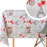 Grey Sweetheart Paris PVC Oilcloth with embossed Red And Pink Bikes and Hearts Tablecloth Rectangular 200x140cm - Wipe Clean Thick Wipeable Vinyl Plastic Table Cloth