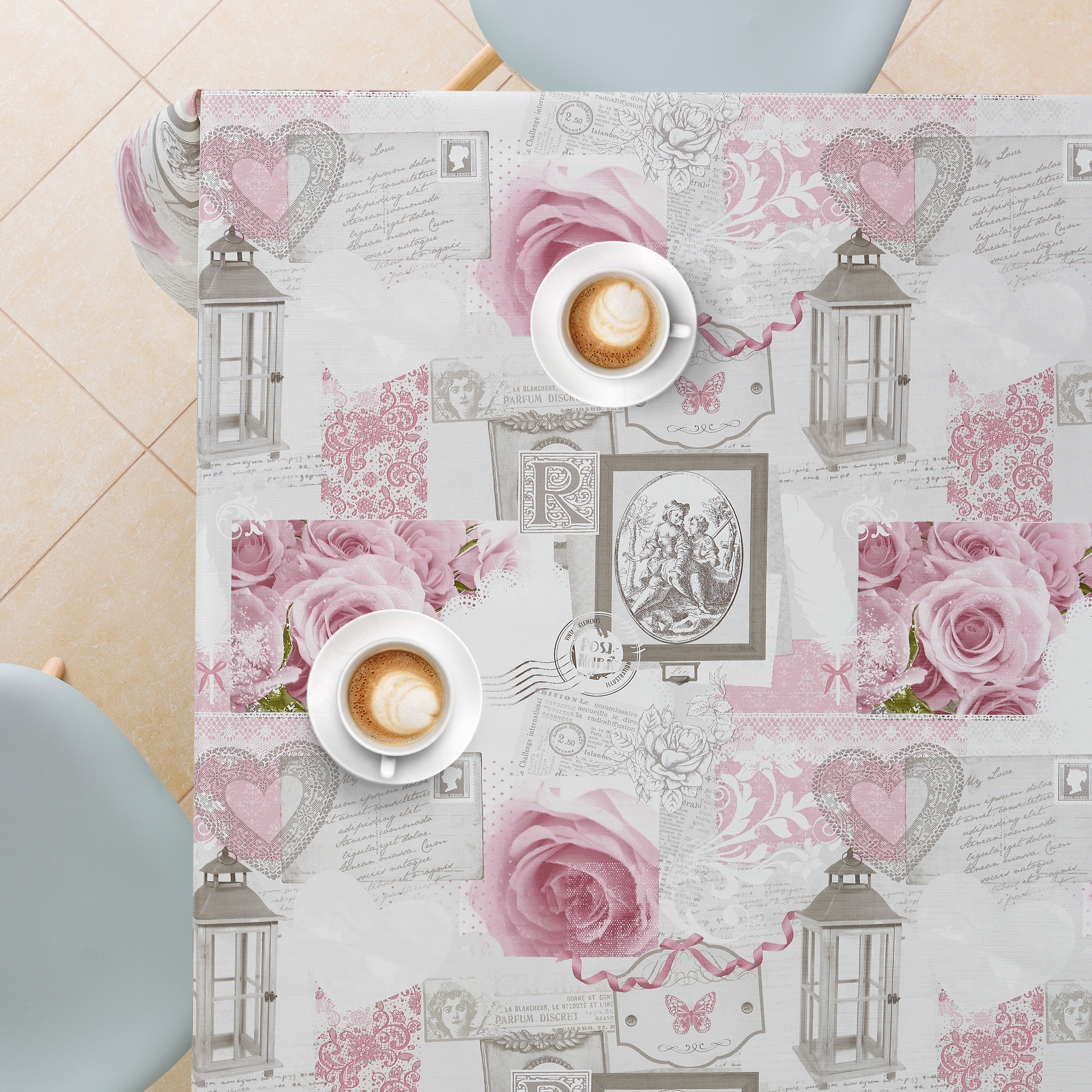 Shabby Chic English Roses Pattern in Grey PVC Table Cloth Wipe Clean Tablecloth Dusty Pink Flowers - Vinyl Table Cloth Wipeable Rectangle 200x140cm 78x55in Plastic Table Cover Oilcloth Tablecloth Table Cloth Wipeable