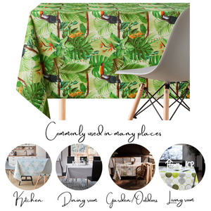 Green Tropical Jungle Wipe Clean Tablecloth - Textil Look - Rectangular 200x140 cm 78x55in - 6 Seats - Waterproof Vinyl PVC Wipeable Plastic Table Cloths - for Garden Kitchen - Toucan Birds Palm Leaves