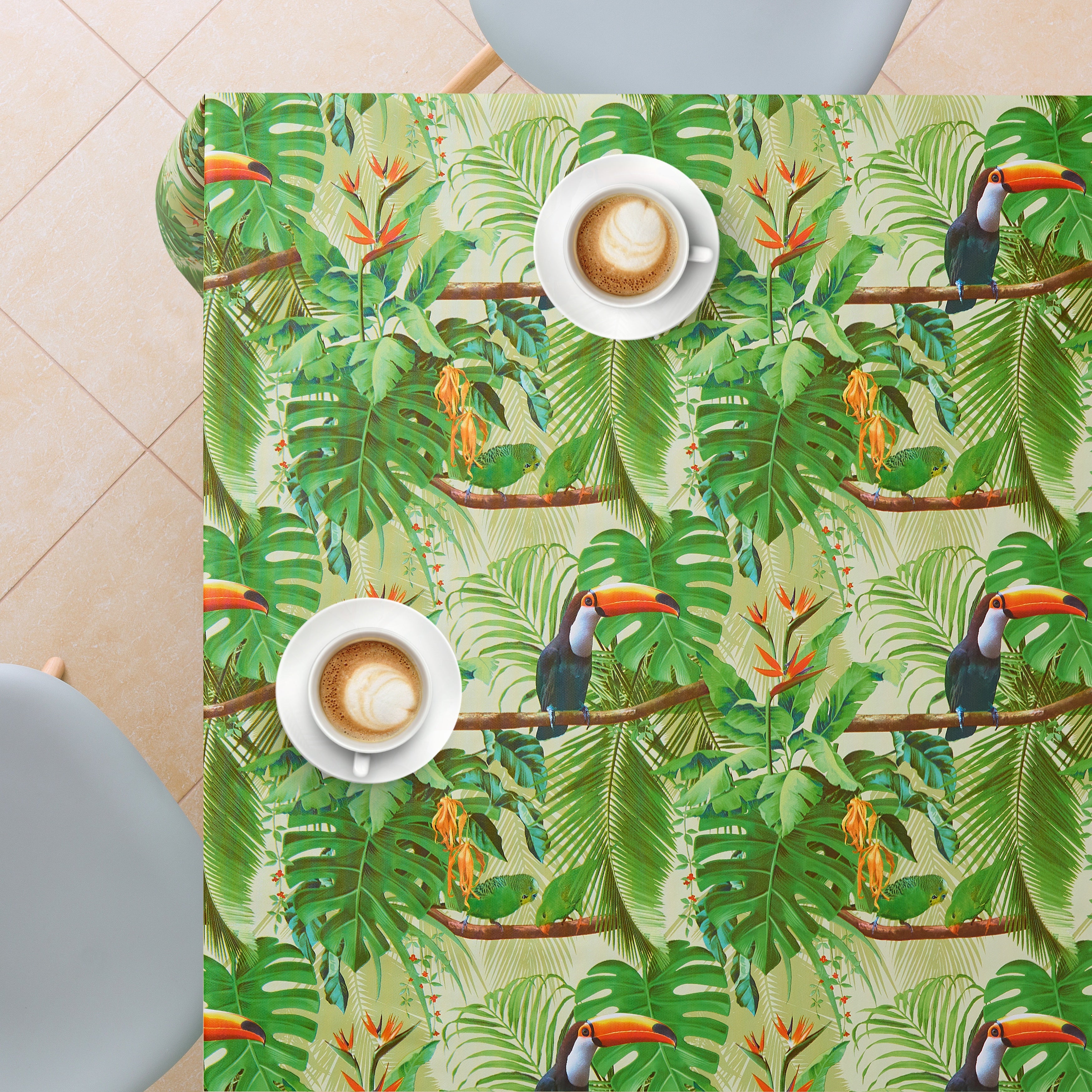 Green Tropical Jungle Wipe Clean Tablecloth - Textil Look - Rectangular 200x140 cm 78x55in - 6 Seats - Waterproof Vinyl PVC Wipeable Plastic Table Cloths - for Garden Kitchen - Toucan Birds Palm Leaves