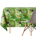 Green Tropical Jungle Wipe Clean Tablecloth - Textil Look - Rectangular 200x140 cm 78x55in - 6 Seats - Waterproof Vinyl PVC Wipeable Plastic Table Cloths - for Garden Kitchen - Toucan Birds Palm Leaves