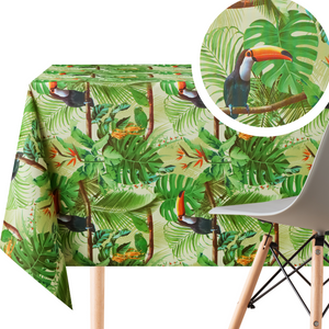 Green Tropical Jungle Wipe Clean Tablecloth - Textil Look - Rectangular 200x140 cm 78x55in - 6 Seats - Waterproof Vinyl PVC Wipeable Plastic Table Cloths - for Garden Kitchen - Toucan Birds Palm Leaves