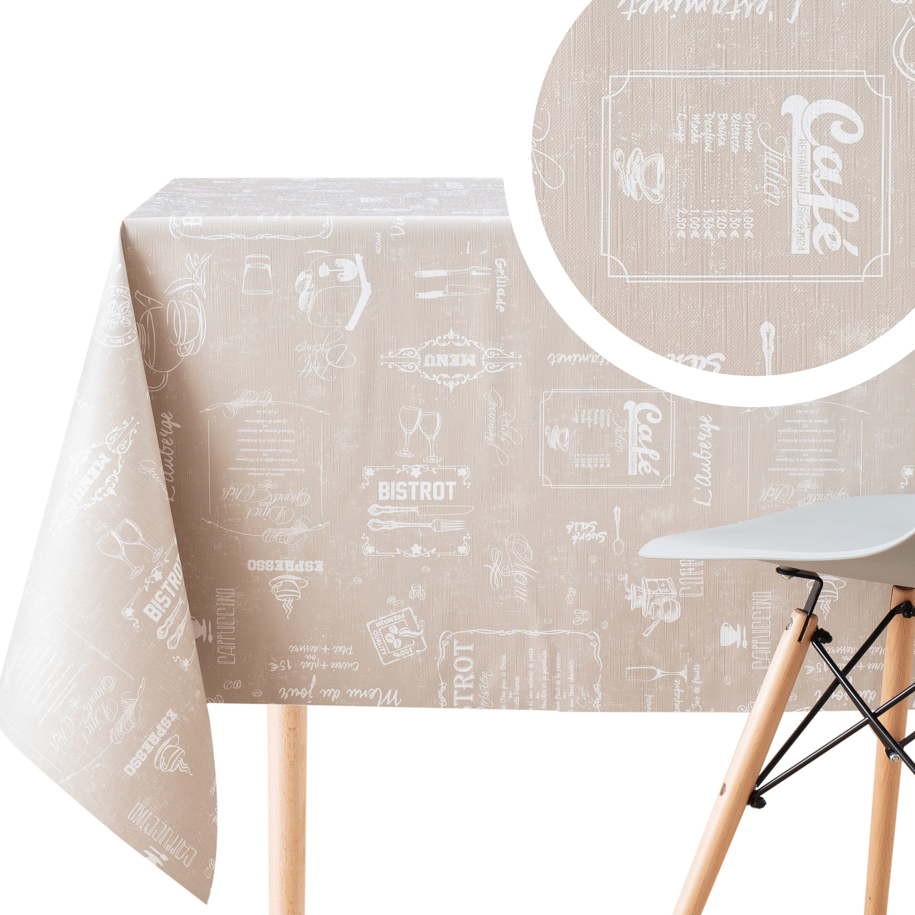 Cappuccino And Coffee Cafe Style PVC Wipe Clean Tablecloth Beige Cream chalk Embossed Thick Rectangular Wipeable Vinyl oilcloth Plastic Table Cloth