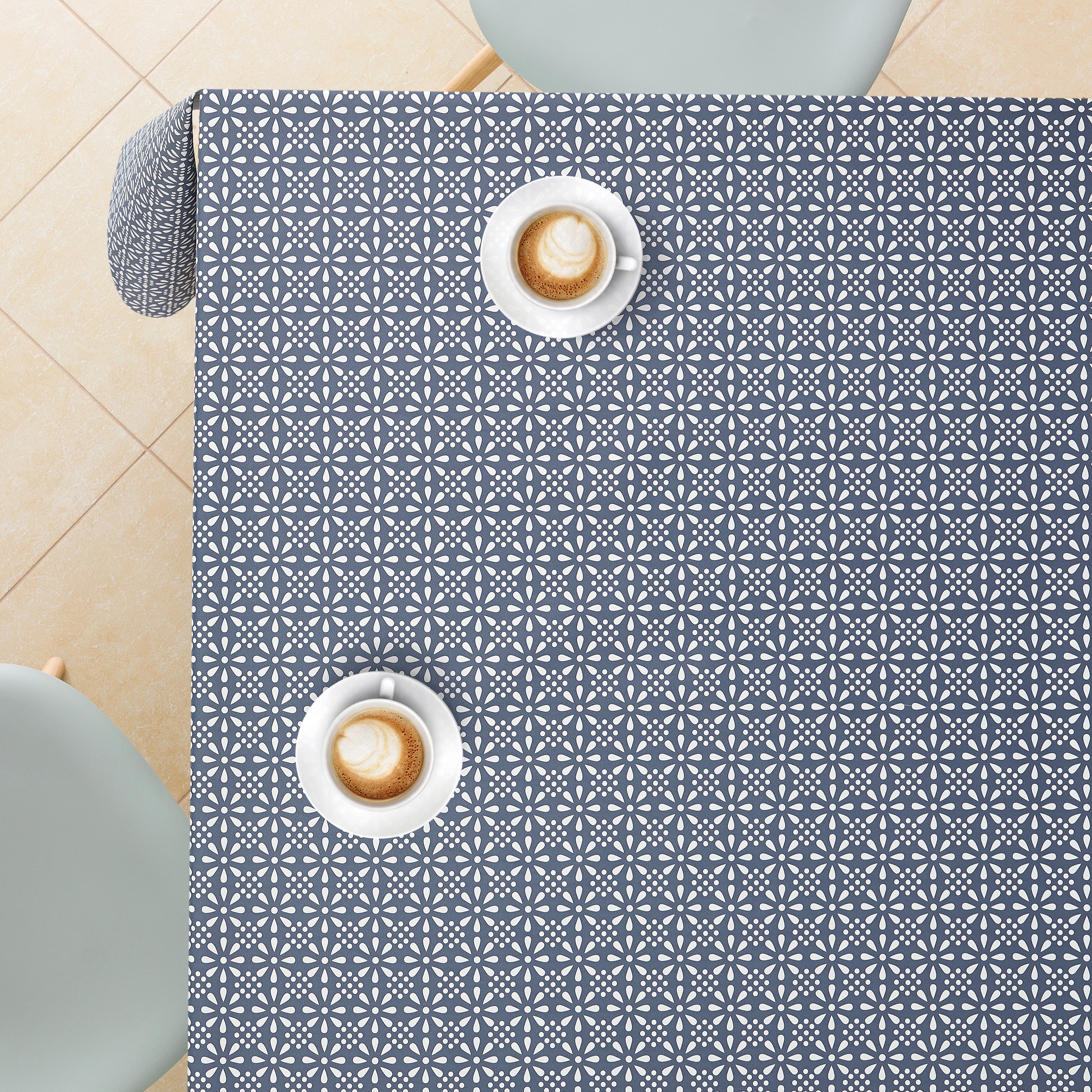 Unique Retro Flower Design Table Cloth Wipeable - Faded Navy Royal Blue PVC Table Cloth Wipe Clean Tablecloth Rectangular 200x140 cm 98x55in Plastic Table Cover Waterproof Oilcloth Tablecloth
