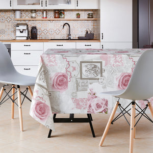 Shabby Chic English Roses Pattern in Grey PVC Table Cloth Wipe Clean Tablecloth Dusty Pink Flowers - Vinyl Table Cloth Wipeable Rectangle 200x140cm 78x55in Plastic Table Cover Oilcloth Tablecloth Table Cloth Wipeable