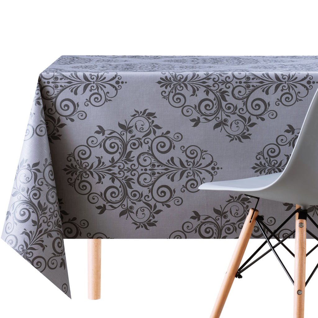 Wipe Clean Vinyl Tablecloth With Orient Baroque Style Design In Drak Grey