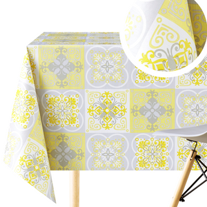 Wipe Clean Tablecloth with  Lisbon Moroccan Tiles Pattern - For Rectangular Tables - Embossed Mosaic Squares PVC waterproof Wax Table Cloth In Grey With lemon Yellow