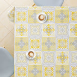 Wipe Clean Tablecloth with  Lisbon Moroccan Tiles Pattern - For Rectangular Tables - Embossed Mosaic Squares PVC waterproof Wax Table Cloth In Grey With lemon Yellow