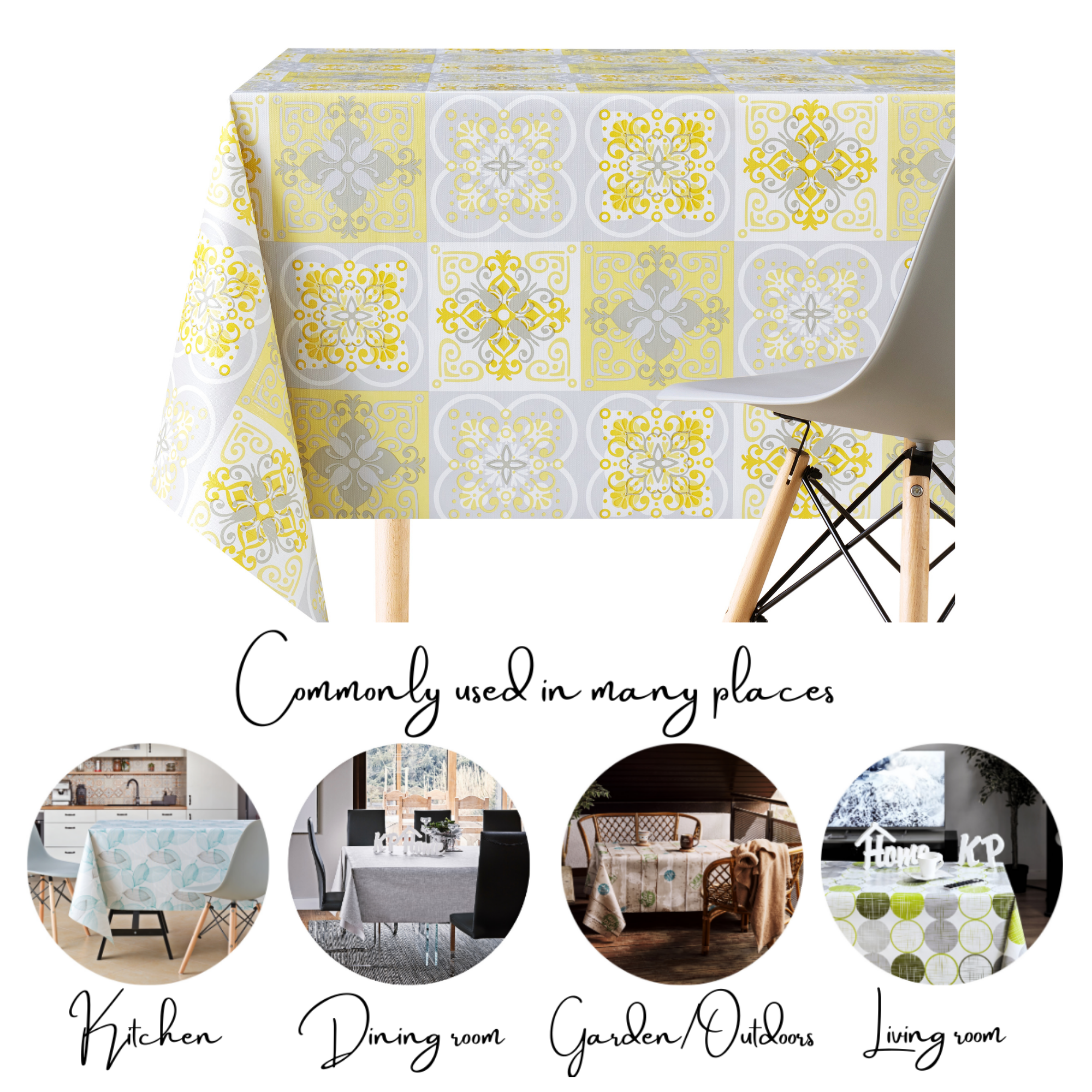 Wipe Clean Tablecloth with  Lisbon Moroccan Tiles Pattern - For Rectangular Tables - Embossed Mosaic Squares PVC waterproof Wax Table Cloth In Grey With lemon Yellow