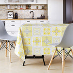Wipe Clean Tablecloth with  Lisbon Moroccan Tiles Pattern - For Rectangular Tables - Embossed Mosaic Squares PVC waterproof Wax Table Cloth In Grey With lemon Yellow