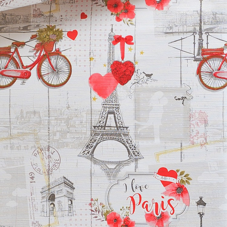 Grey Sweetheart Paris PVC Oilcloth with embossed Red And Pink Bikes and Hearts Tablecloth Rectangular 200x140cm - Wipe Clean Thick Wipeable Vinyl Plastic Table Cloth