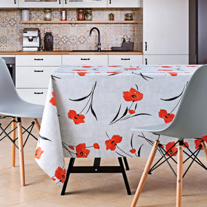 Red Poppies On Light Grey Tablecloth Floral Meadow pattern PVC Wipe Clean Oilcloth 200x140cm - Colourful Flower Embossed Thick Rectangular Wipeable Vinyl Plastic Table Cloth