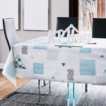 Wipe Clean Vinyl Tablecloth With Modern Scandinavian Pattern - White With Ocean Blue And Yellow In Rectangle Shape