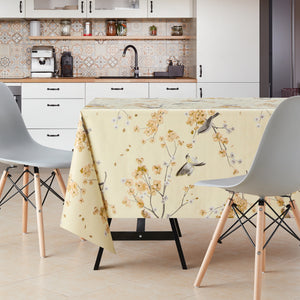 Wipe Clean Tablecloth with Birds Cherry Flowers - Rectangle - Waterproof Vinyl PVC Wax Oil Wipeable Smooth Plastic Beige Table Cloths - for Dining Room and Garden Table