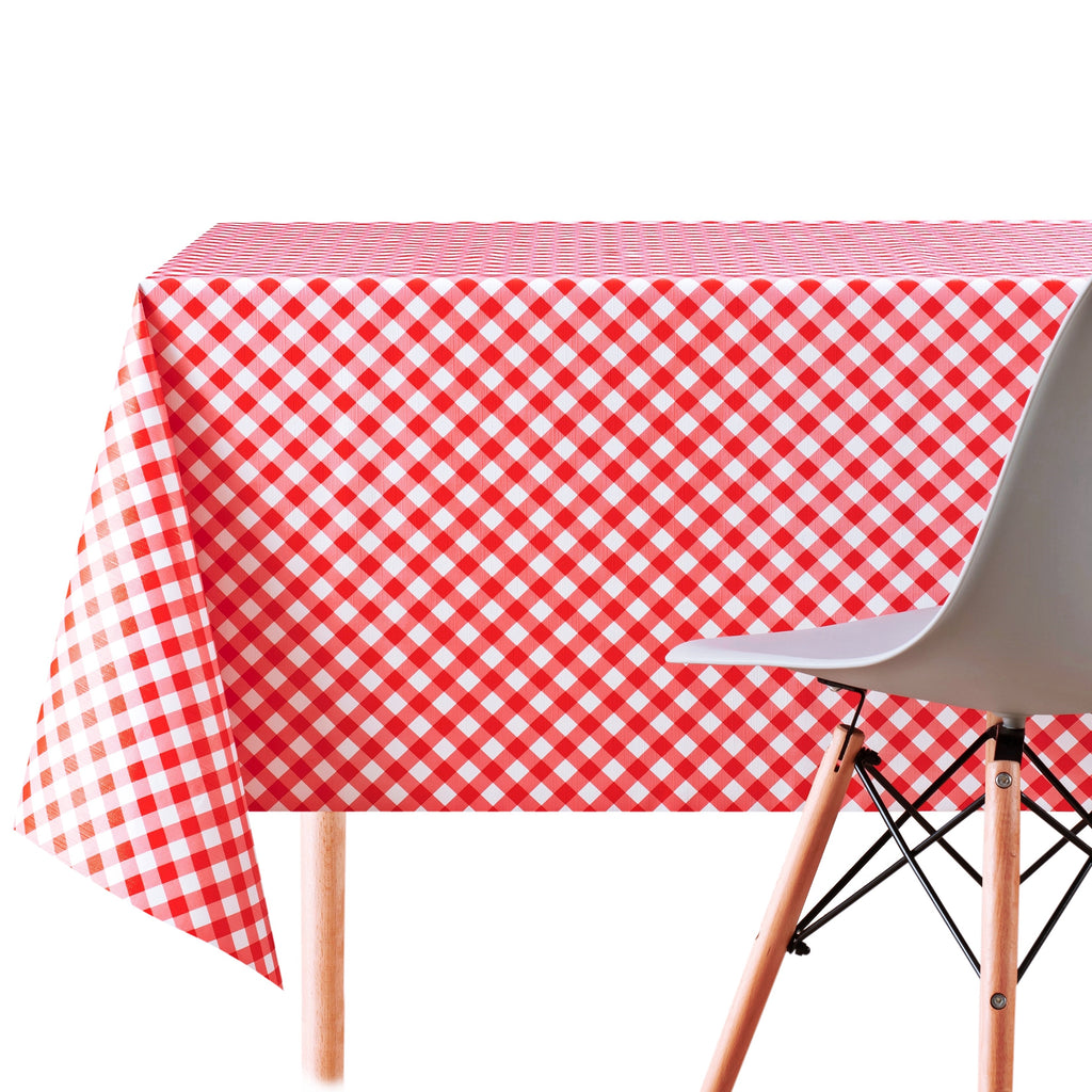 Red Gingham Check PVC Oilcloth Tablecloth - Wipe Clean Lattice Embossed Thick Rectangular Wipeable Vinyl Plastic Table Cloth White striped picnic pattern