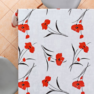 Red Poppies On Light Grey Tablecloth Floral Meadow pattern PVC Wipe Clean Oilcloth 200x140cm - Colourful Flower Embossed Thick Rectangular Wipeable Vinyl Plastic Table Cloth