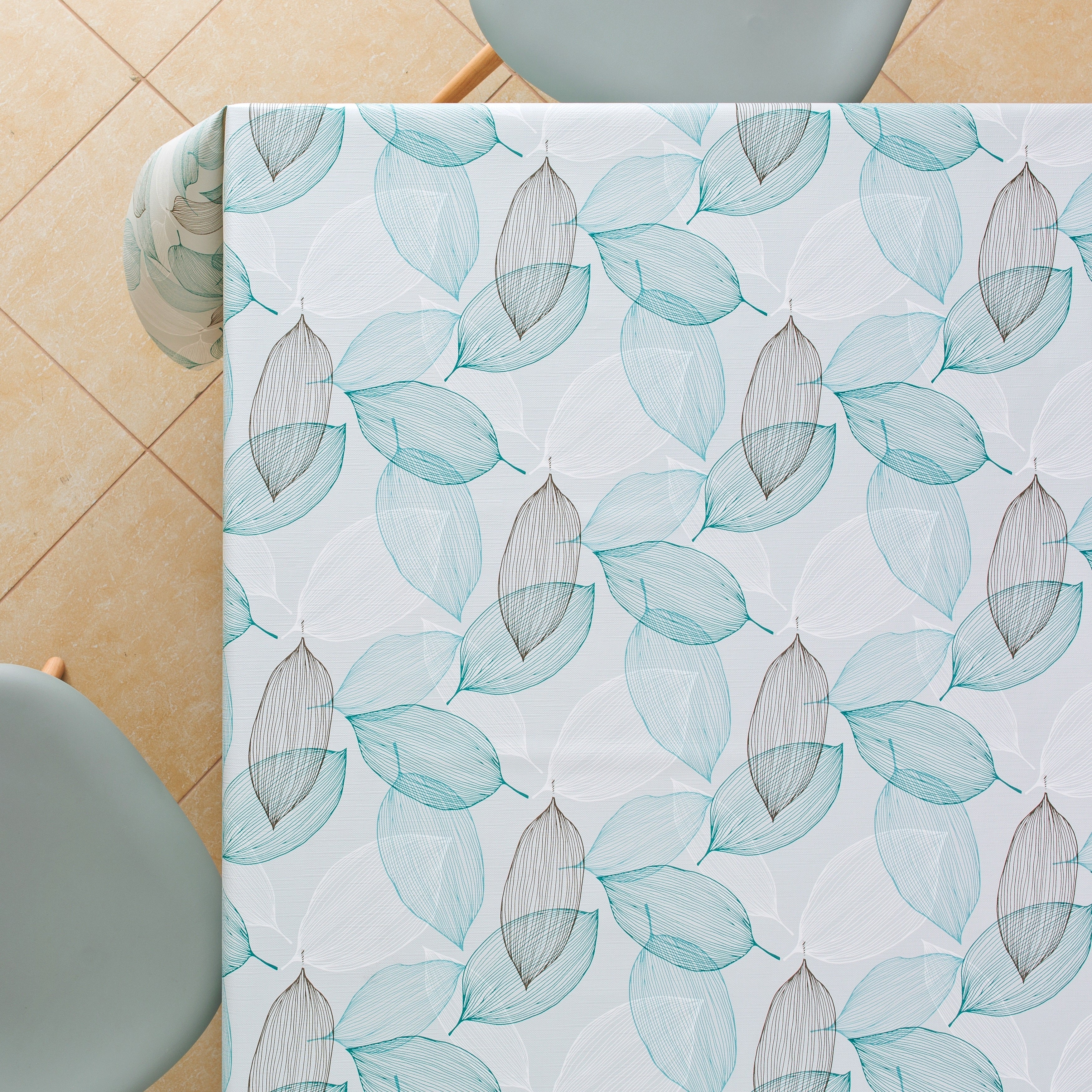 Wipe Clean Vinyl Tablecloth With Grey And Teal Leaves Design