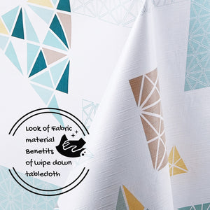 Wipe Clean Vinyl Tablecloth With Modern Scandinavian Pattern - White With Ocean Blue And Yellow In Rectangle Shape