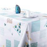 Wipe Clean Vinyl Tablecloth With Modern Scandinavian Pattern - White With Ocean Blue And Yellow In Rectangle Shape