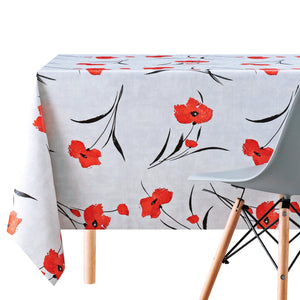 Red Poppies On Light Grey Tablecloth Floral Meadow pattern PVC Wipe Clean Oilcloth 200x140cm - Colourful Flower Embossed Thick Rectangular Wipeable Vinyl Plastic Table Cloth