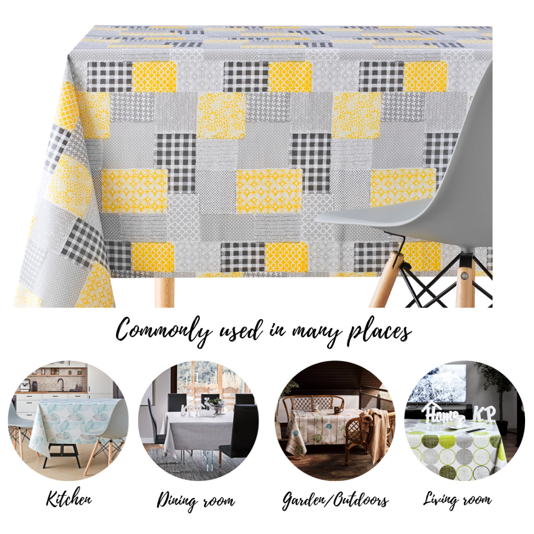 Vinyl Tablecloth with Patchwork Design Grey With Yellow PVC Wipe Clean Oilcloth - 200x140cm Durable Rectangular Wipeable Plastic Table Cloth